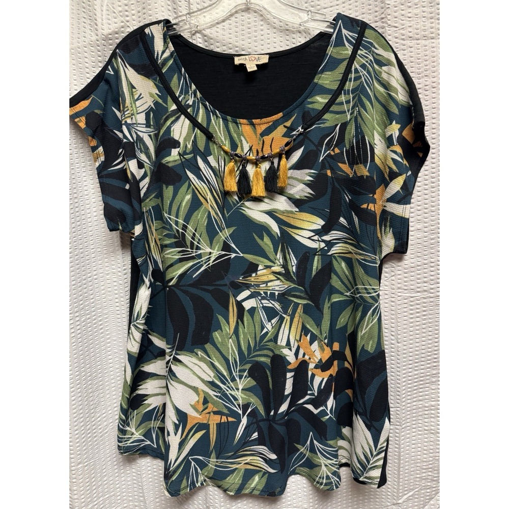 With Love Women's Tropical Leaf Green Yellow Brown Tassel Necklace Blouse SZ L